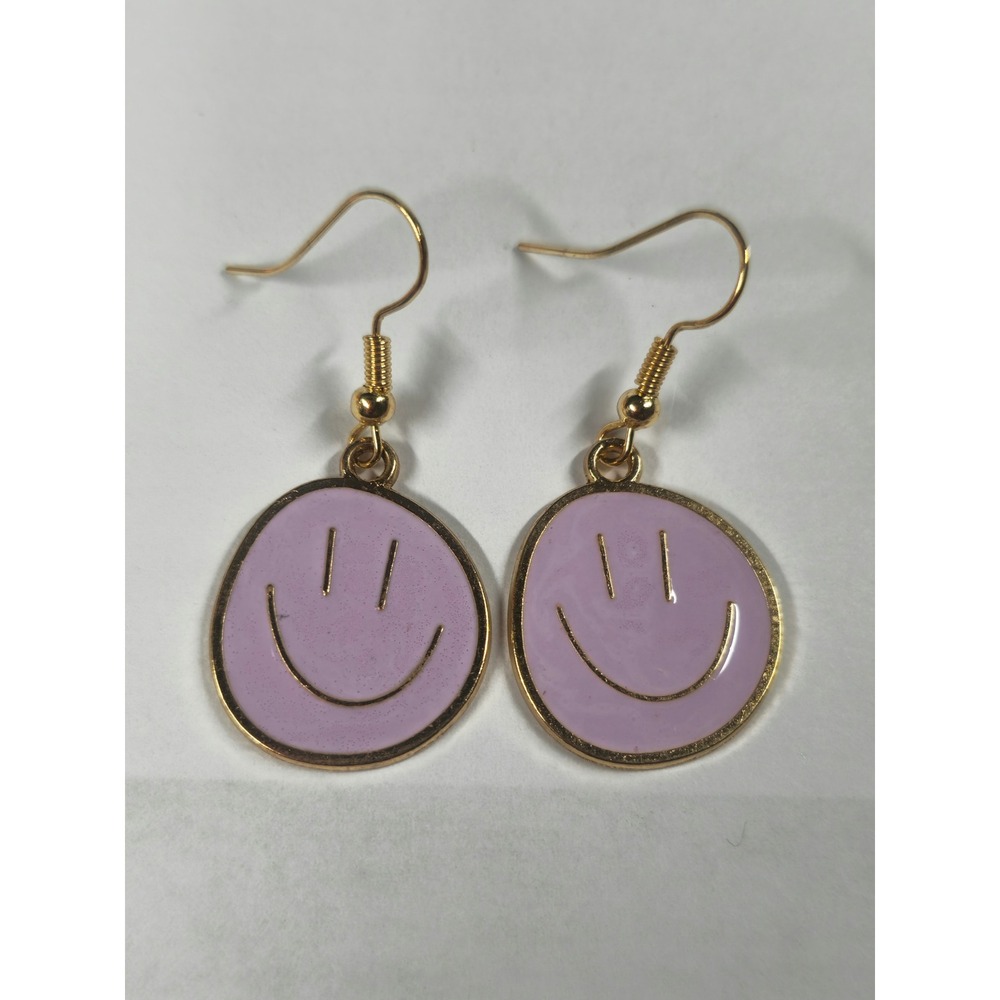 Lavender Purple Enamel Smiley Face Gold Tone Drop Dangle Earrings Retro Happy